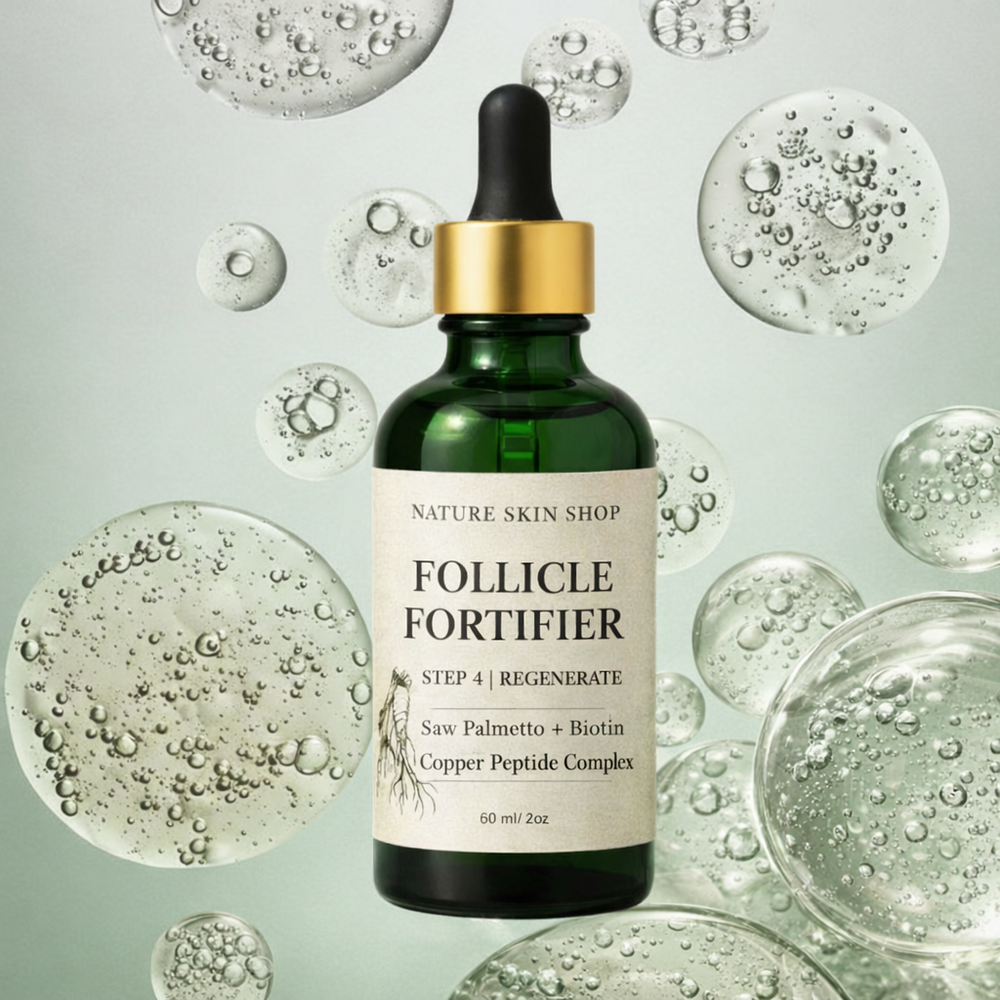 Skincare serum bottle labeled 'Follicle Fortifier' with dropper on a background of bubbles.