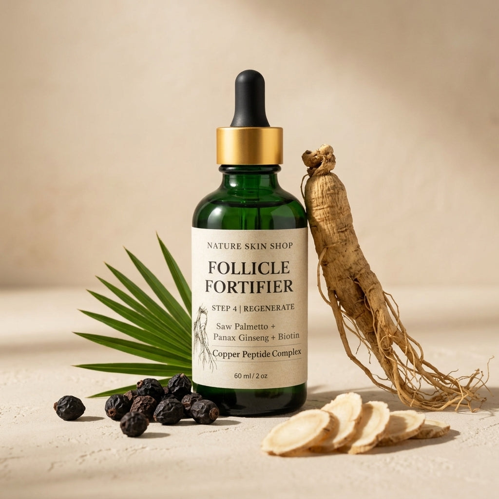 Follicle Fortifier serum bottle with ginseng root, palm leaf, and black berries on a beige background