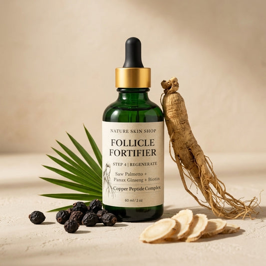 Follicle Fortifier serum bottle with ginseng root, palm leaf, and black berries on a beige background
