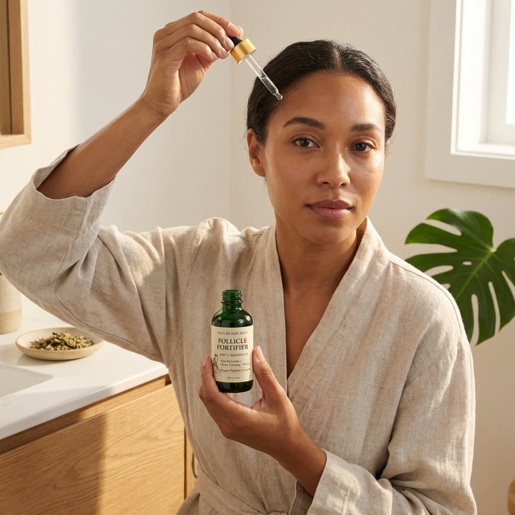 Woman in a bathrobe holding a bottle of Polypeptide Fortifier and a dropper over her face.