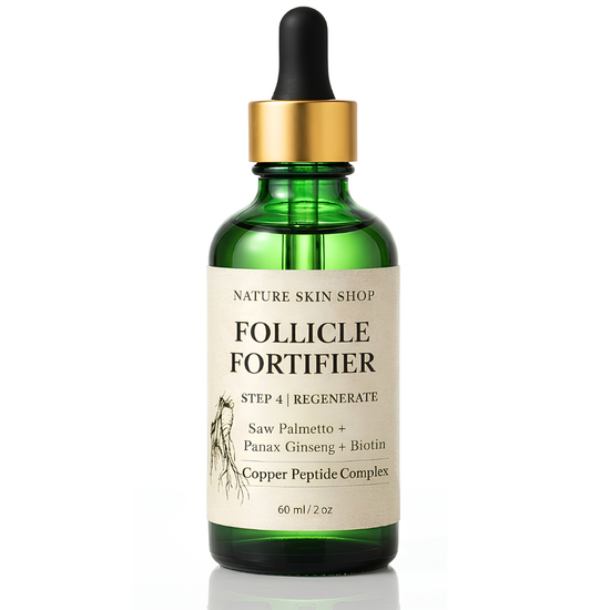 A green glass dropper bottle of Nature Skin Shop Follicle Fortifier serum with a gold collar and black dropper cap, set against a clean white background.