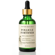 A green glass dropper bottle of Nature Skin Shop Follicle Fortifier serum with a gold collar and black dropper cap, set against a clean white background.