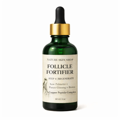 Bottle of Follicle Fortifier serum from Nature Skin Shop on a white background