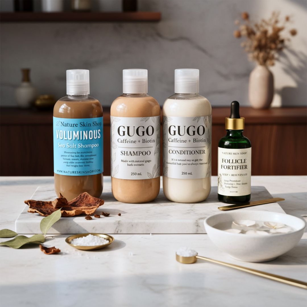 Set of hair care products including shampoo, conditioner, andfollicle fortifier on a marble surface.