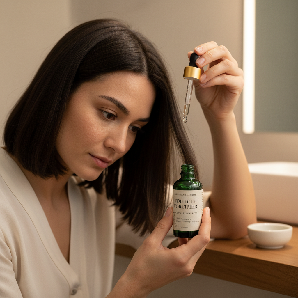 Woman holding a bottle and dropper with a product label in a bathroom setting