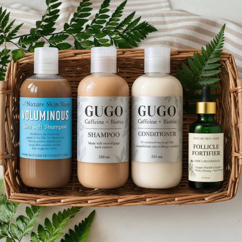 Set of hair care products including shampoo, conditioner, and serum in a basket with fern leaves.