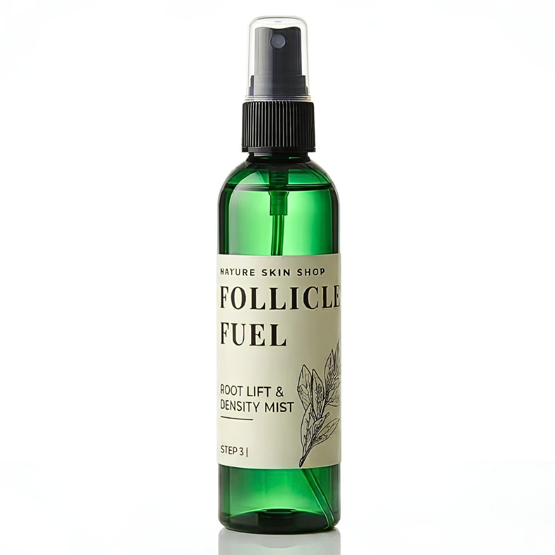 A green glass spray bottle of Nature Skin Shop Follicle Fuel Root Lift & Density Mist, featuring a cream-colored label and a black spray nozzle, set against a plain white background.