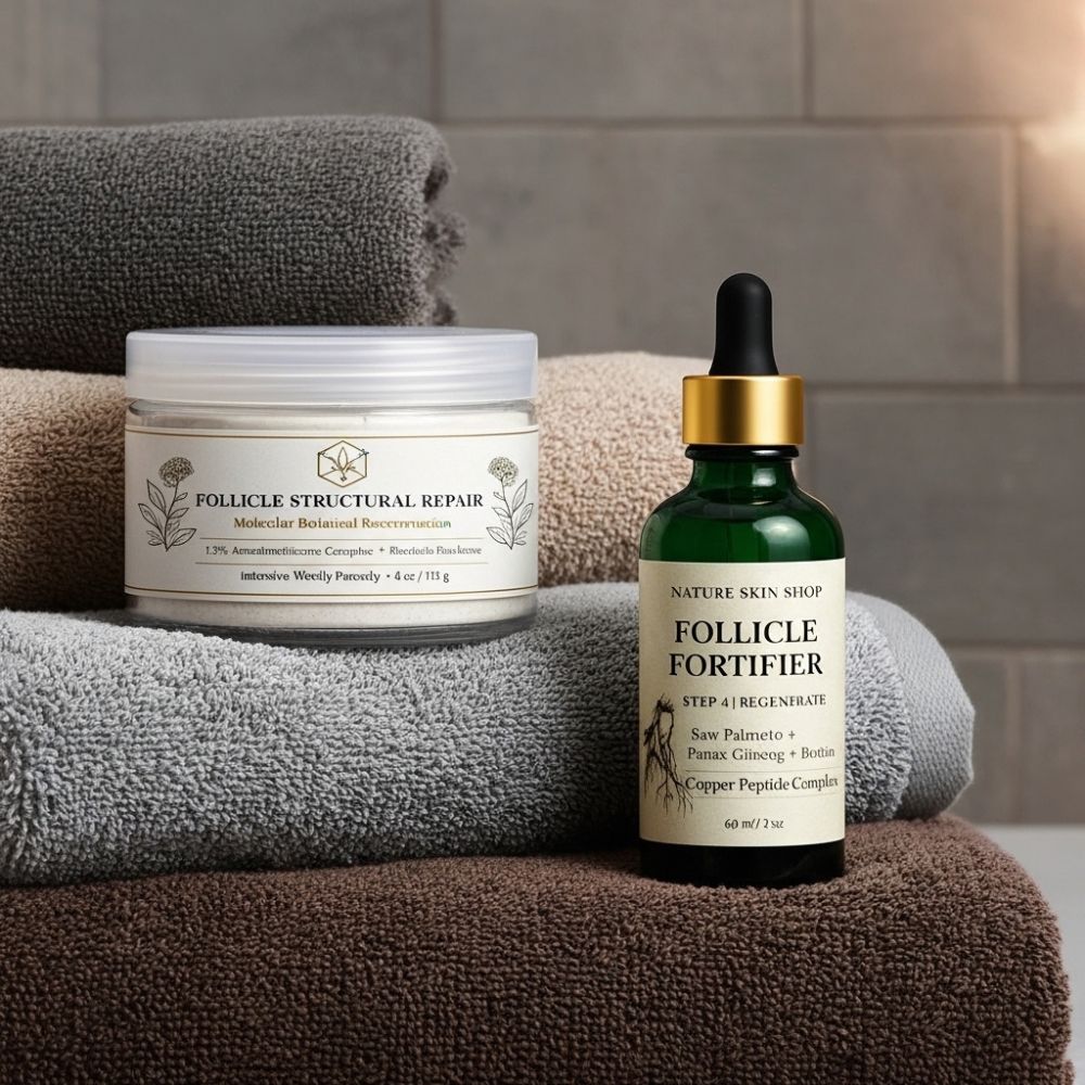Cosmetic jar and dropper bottle labeled 'Follicle Fortifier' on stacked towels with a neutral background.