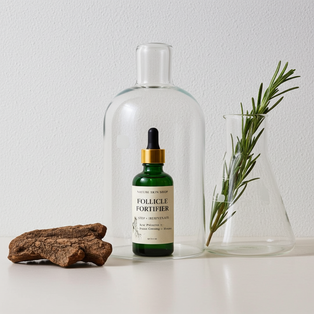 Bottle of Follicle Fortifier on a white surface with a glass dome, wooden block, and plant.