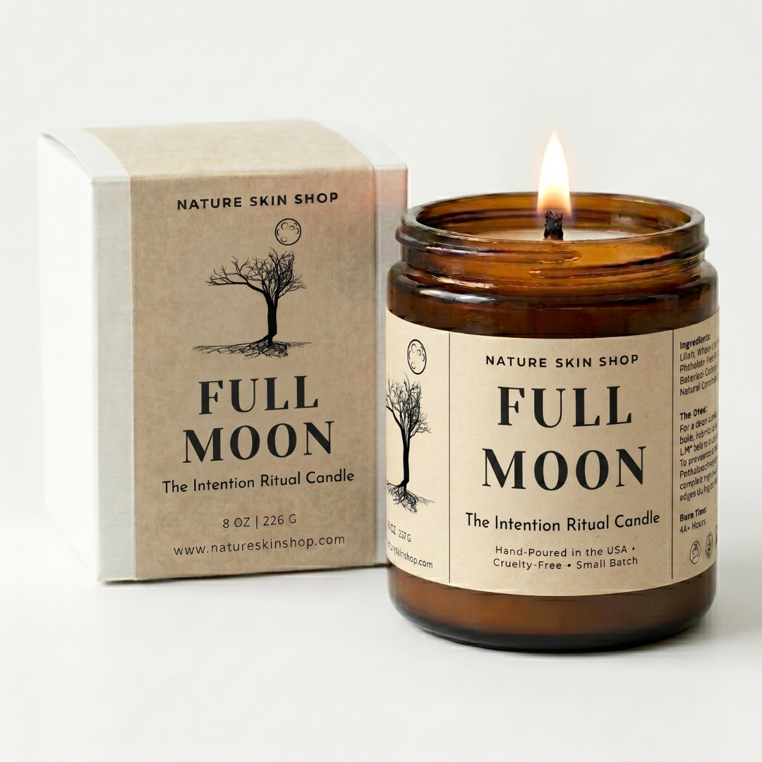 Full Moon candle from Nature Skin Shop with packaging on a white background