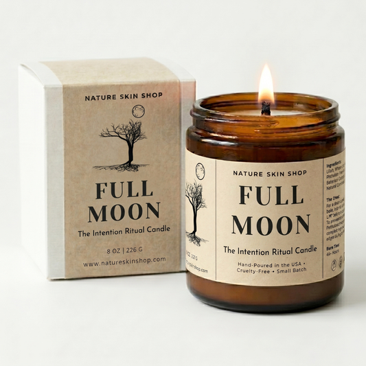Full Moon candle from Nature Skin Shop with packaging on a white background
