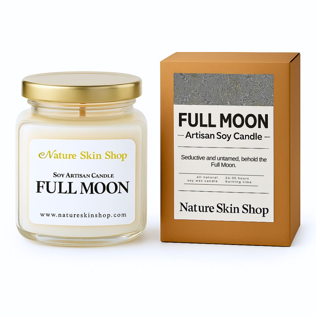 Full Moon candle from Nature Skin Shop with packaging on a white background
