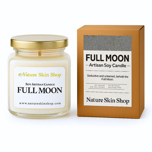 Full Moon candle from Nature Skin Shop with packaging on a white background