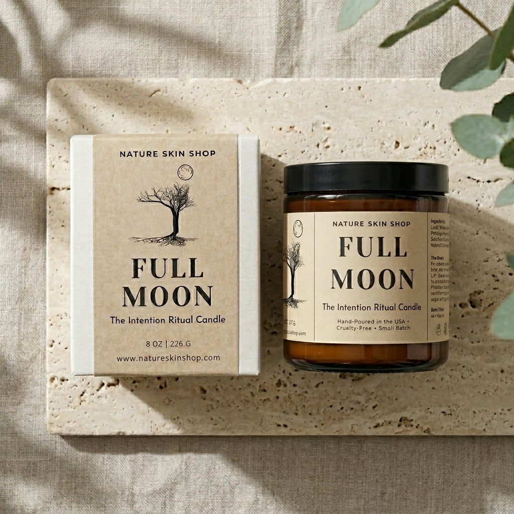 Full Moon candle and packaging from Nature Skin Shop on a textured surface with eucalyptus leaves.