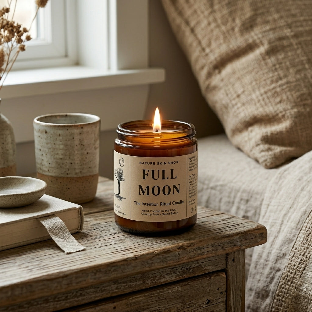 Candle labeled 'Full Moon' on a wooden surface with a cozy indoor setting.