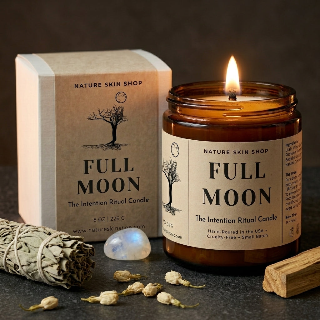 Full Moon candle from Nature Skin Shop with packaging, sage, and crystal on a dark surface
