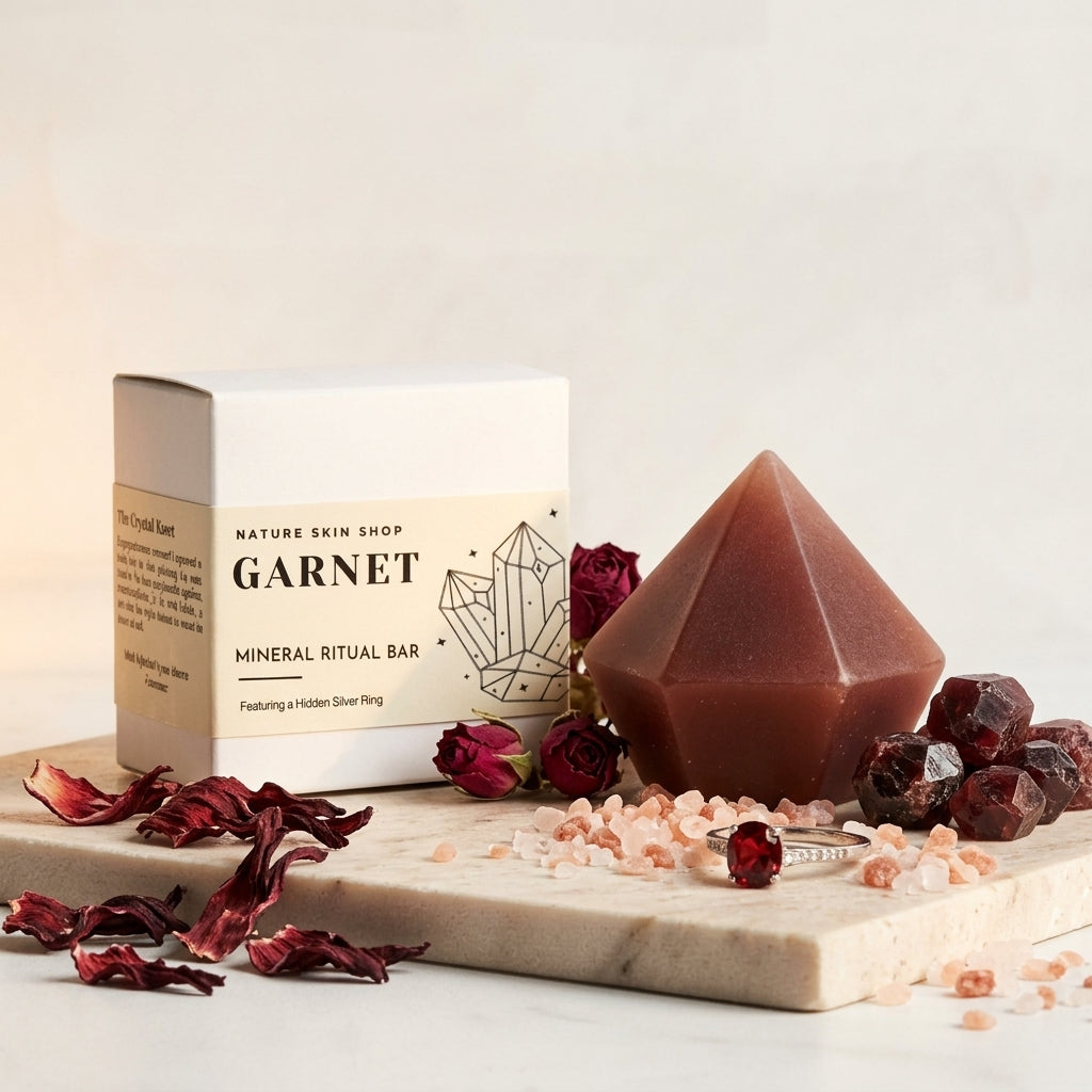 Garnet mineral ritual bar with geometric soap and dried flowers on a light background