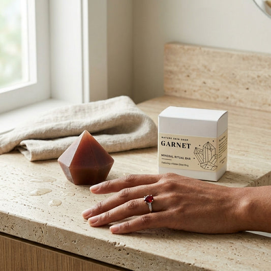 Garnet soap bar and packaging on a wooden surface with a hand wearing a ring.