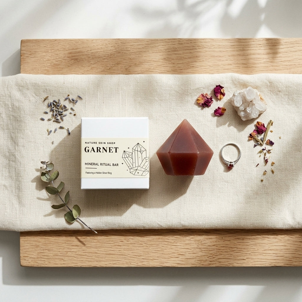 Garnet mineral ritual bar on a wooden surface with eucalyptus leaves and flowers.