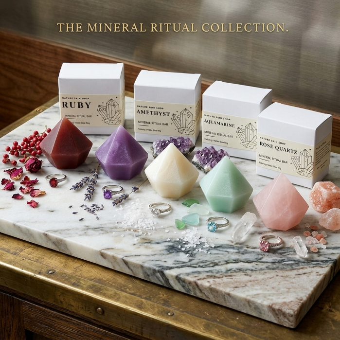 Mineral-themed product display with boxes labeled Ruby, Amethyst, Aquamarine, and Rose Quartz on a marble surface.