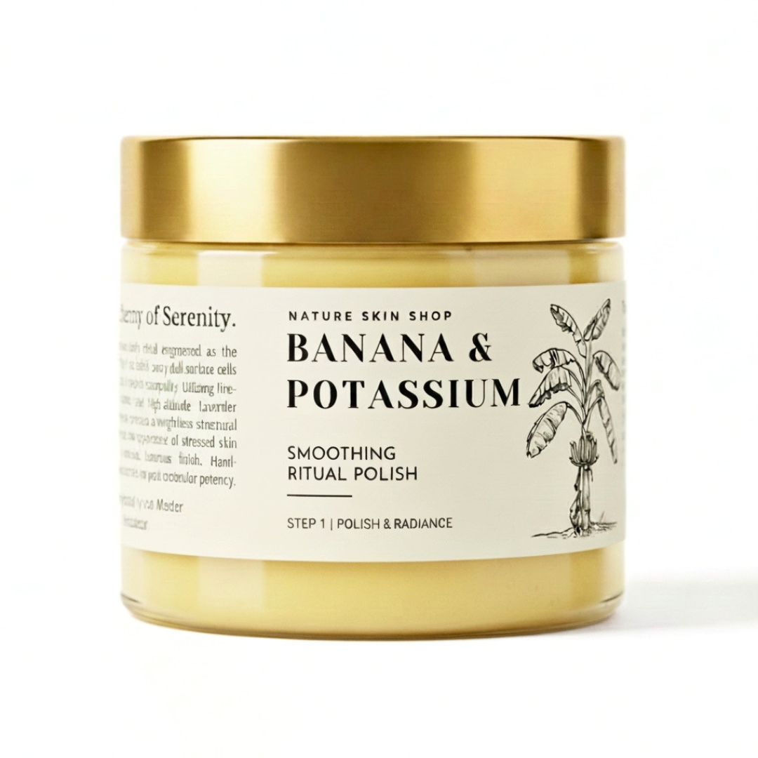 Jar of 'Banana & Potassium' smoothing ritual polish from Nature Skin Shop on a white background