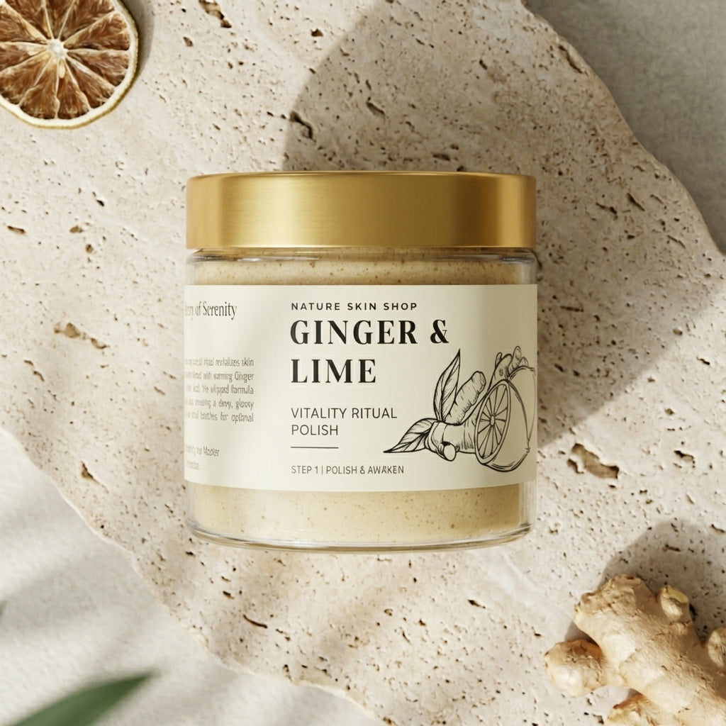 Jar of 'Ginger & Lime' product on a textured surface with ginger root and lime slice.