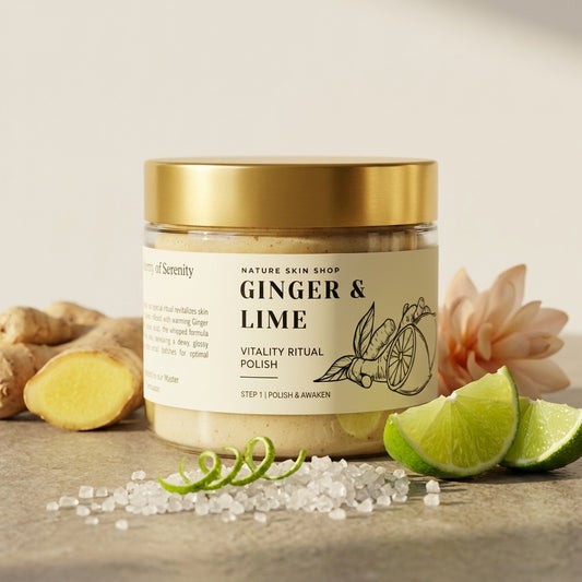 Jar of 'Ginger & Lime' product with ingredients on a wooden surface