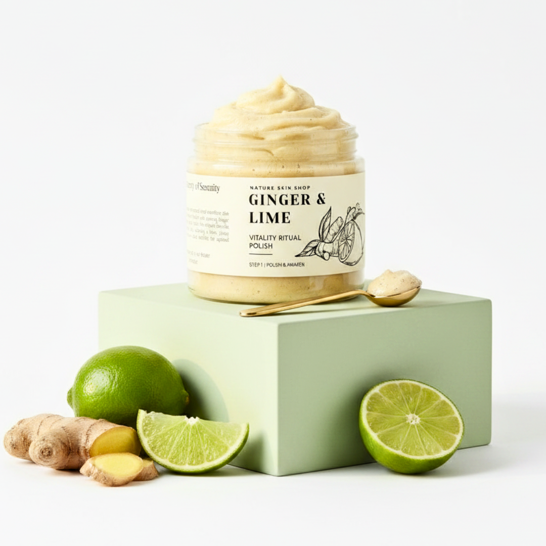 Jar of 'Ginger & Lime' product on a green block with ginger and lime slices on a white background