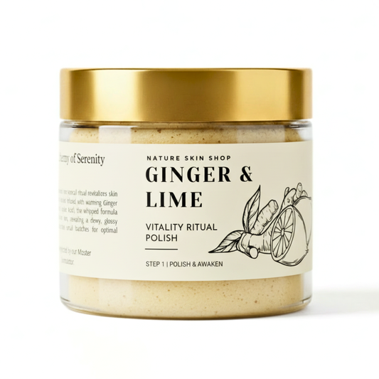 Jar of 'Ginger & Lime' Vitality Ritual Polish from Nature Skin Shop on a white background