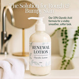 Bottle of Renewal Lotion with a label on a bathroom counter.