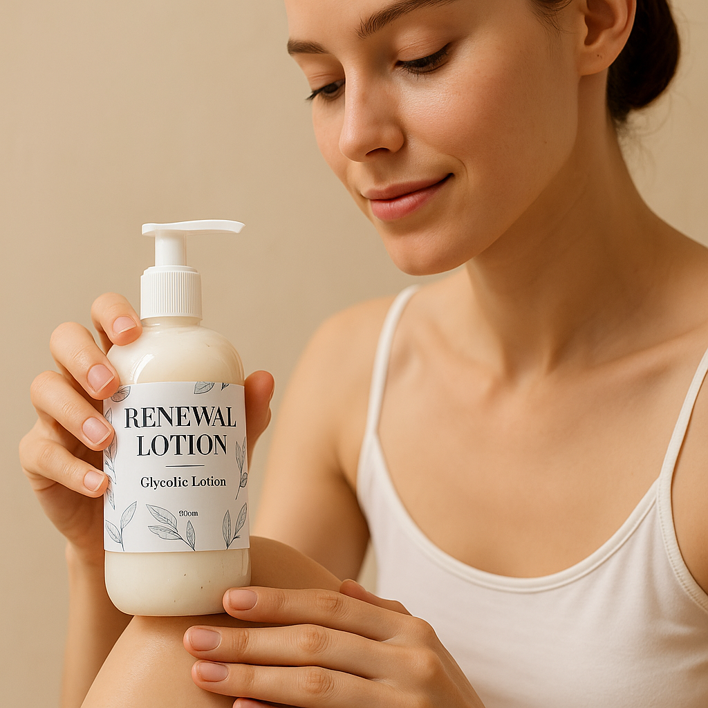 Woman holding a bottle of 'Renewal Lotion' with a neutral background