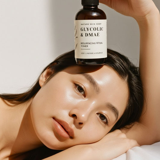 Woman holding a bottle of Glycolic & DMAE toner above her head