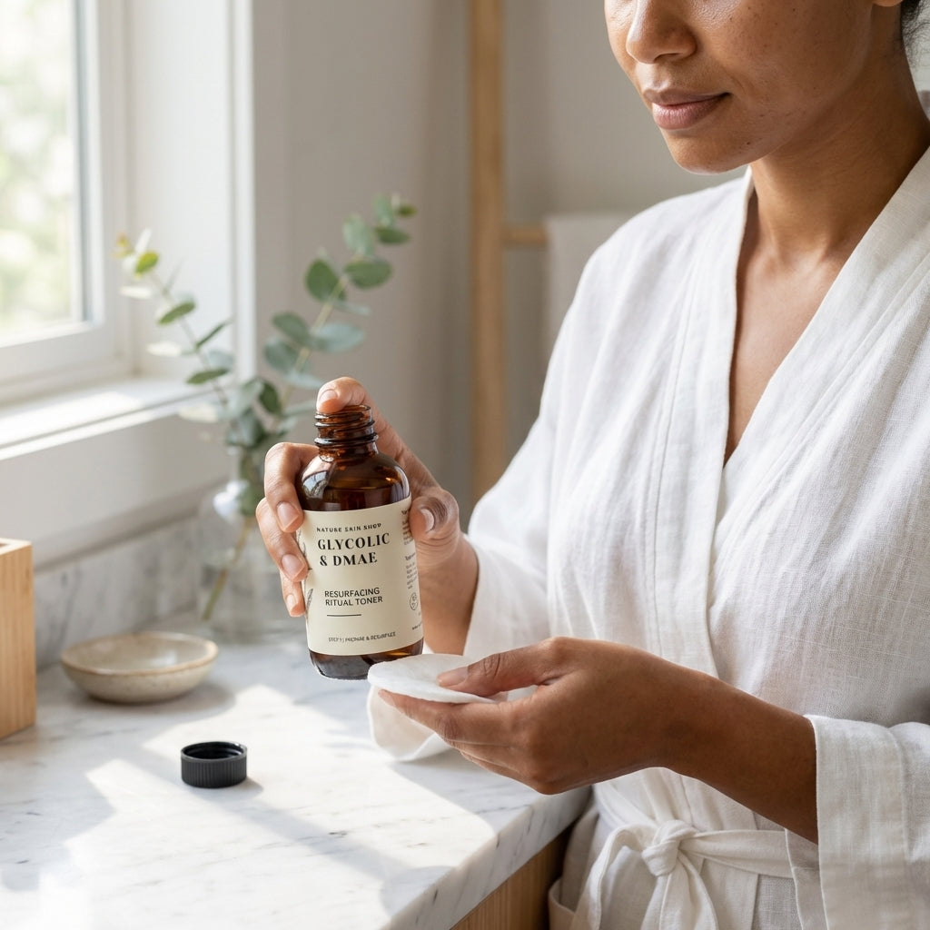 Woman in a white robe holding a bottle of GynoCure VMAE in a bathroom setting.