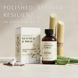 Glycolic & DMAE skincare products with packaging and natural elements on a neutral background.