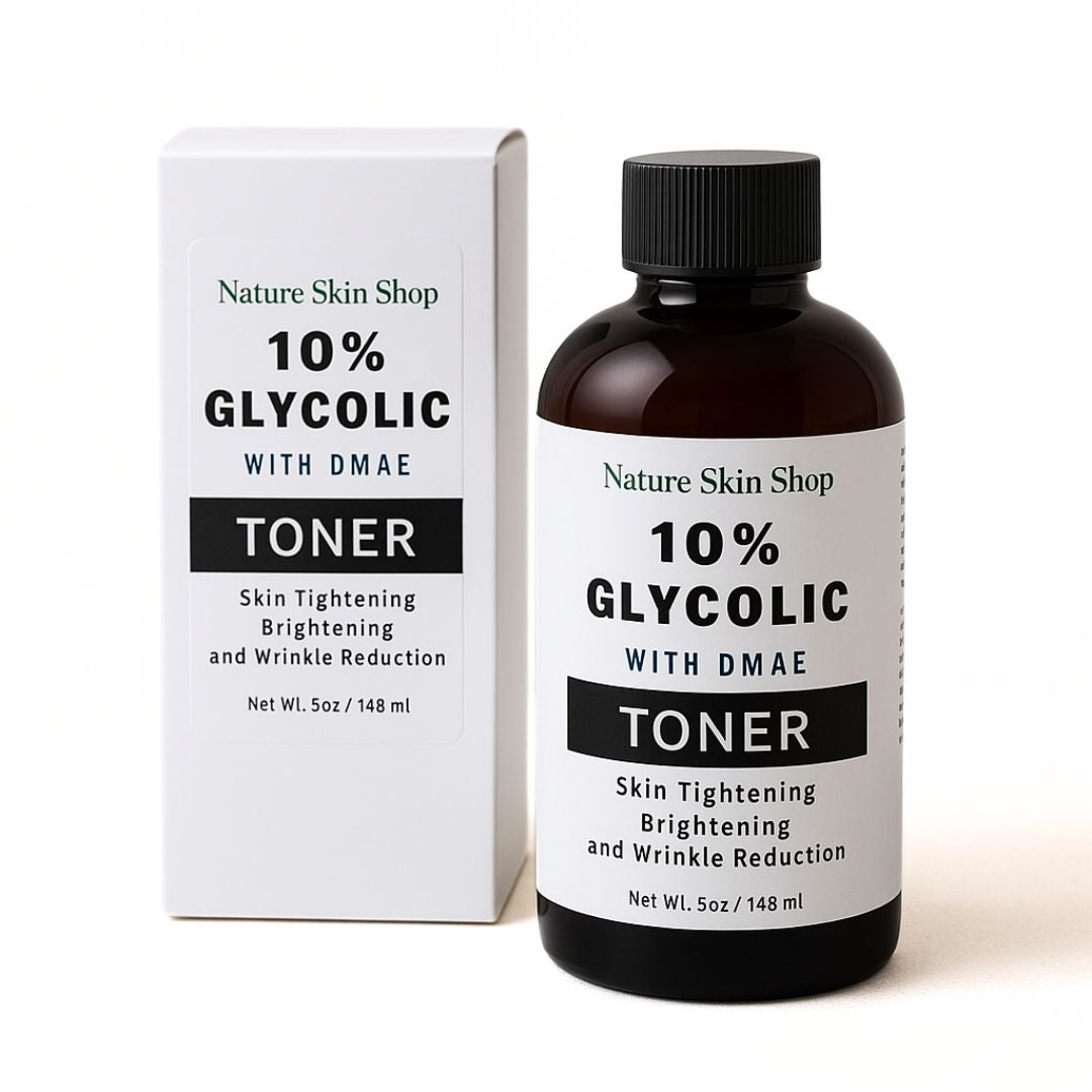 Nature Skin Shop 10% Glycolic with DMAE Toner bottle and packaging on a white background