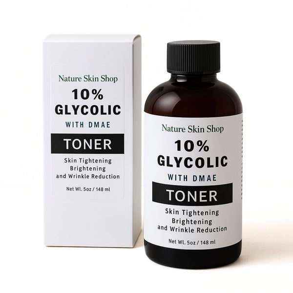 Nature Skin Shop 10% Glycolic with DMAE Toner bottle and packaging on a white background