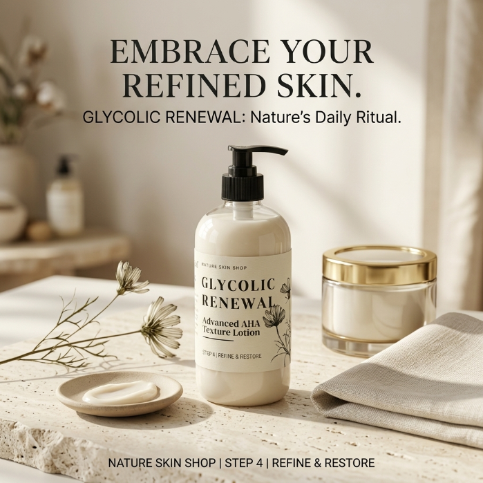 Skincare product with text 'Embrace Your Refined Skin' on a neutral background