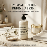 Skincare product with text 'Embrace Your Refined Skin' on a neutral background