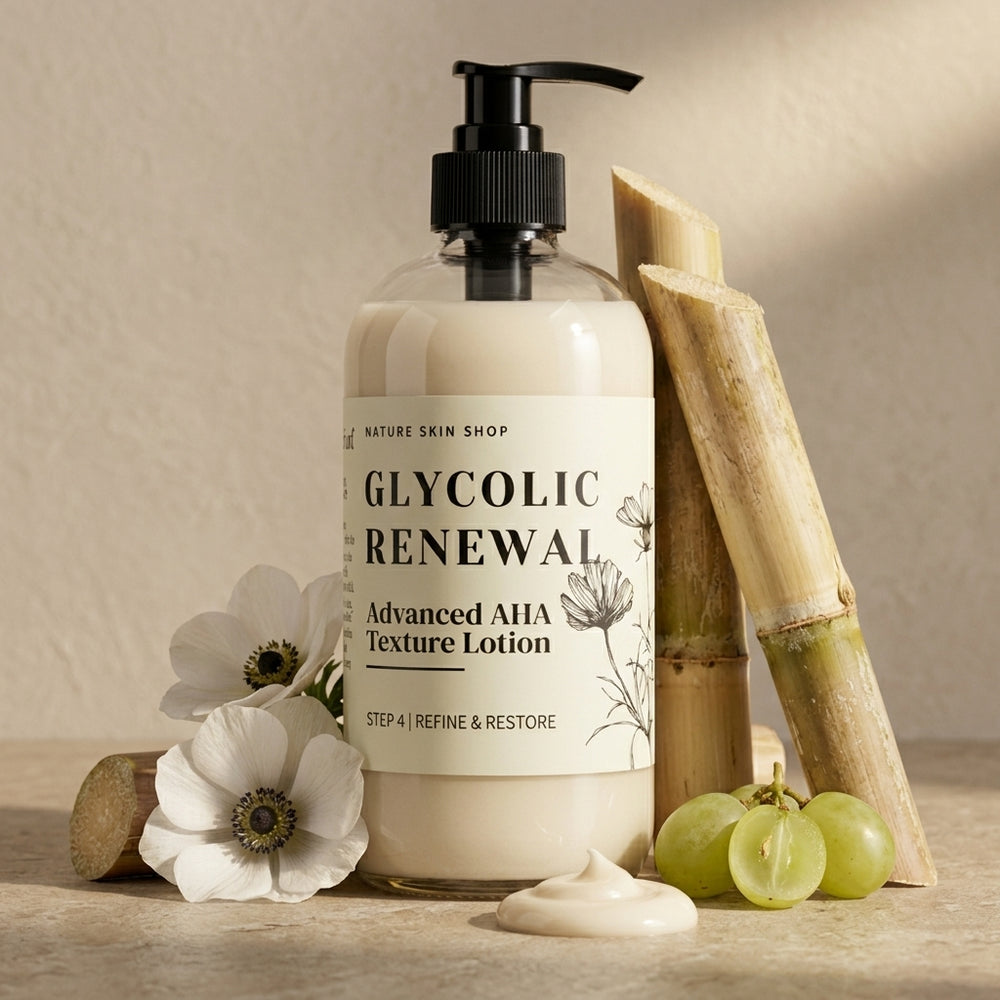Glycolic Renewal lotion bottle with bamboo, grapes, and flowers on a neutral background