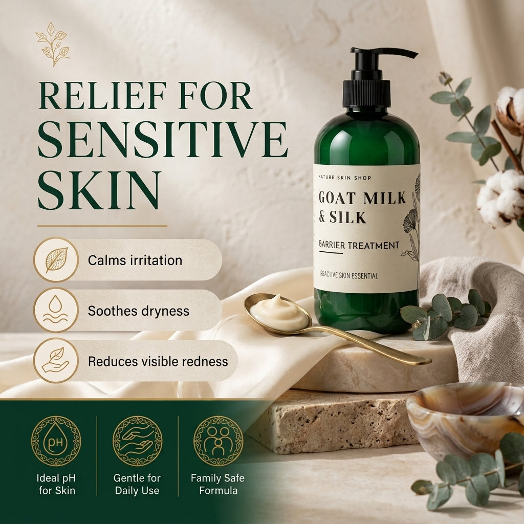 A pump bottle of Nature Skin Shop Goat Milk & Silk Barrier Treatment stands on a stone slab with a spoon of cream, surrounded by eucalyptus leaves and cotton bolls. The left side features marketing text for sensitive skin relief.