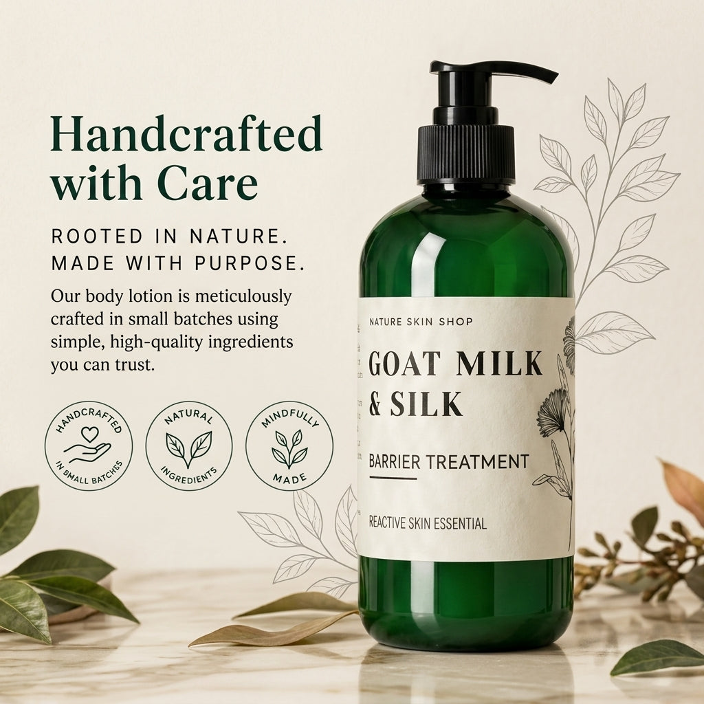 A green pump bottle of Nature Skin Shop Goat Milk & Silk Barrier Treatment stands on a light surface with decorative leaves around it. The bottle has a black pump and a cream label with dark green text.
