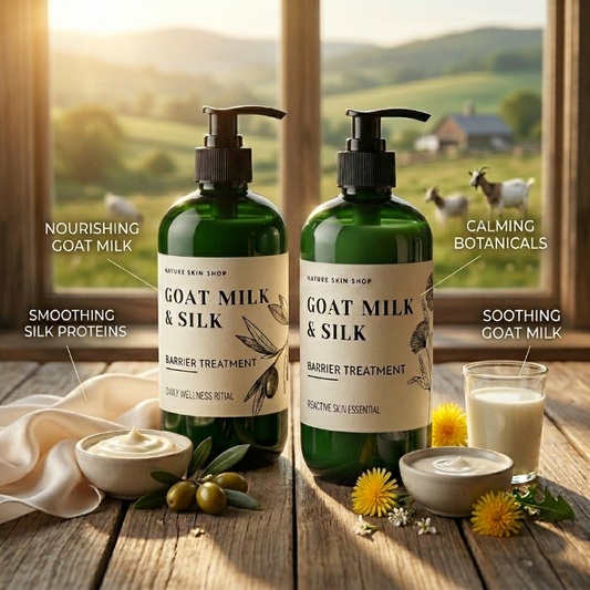 Two bottles of Goat Milk & Silk Barrier Treatment on a wooden surface with a scenic background.