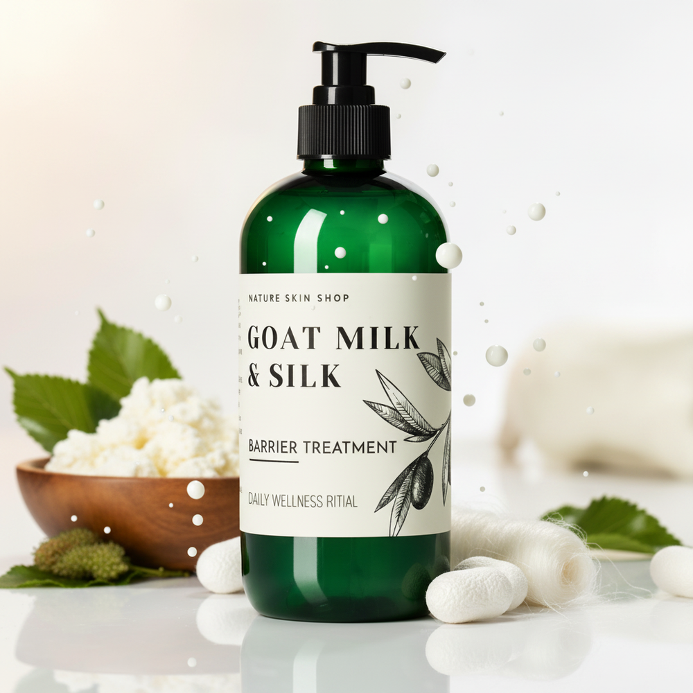 Green bottle of goat milk and silk barrier treatment with a white label on a light background.