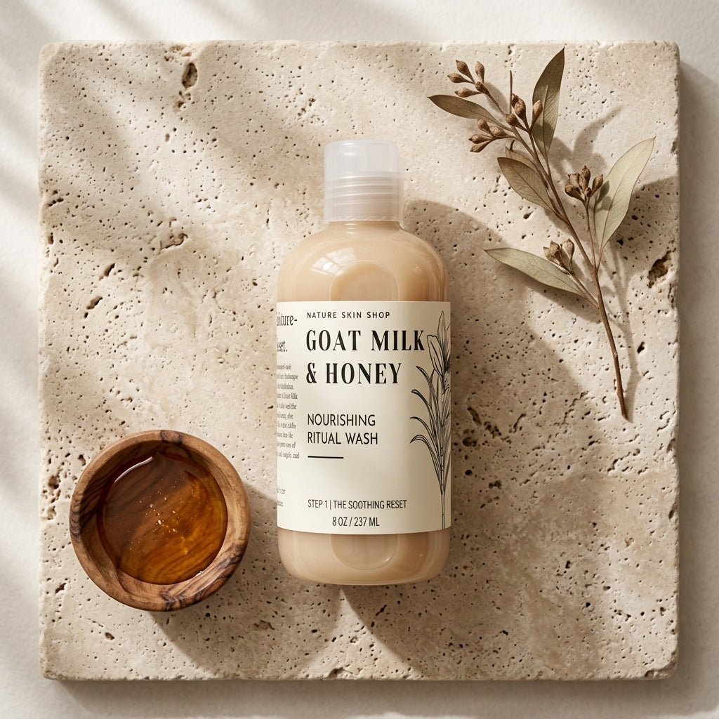 Bottle of Goat Milk & Honey wash on a stone surface with a wooden bowl and leaves.