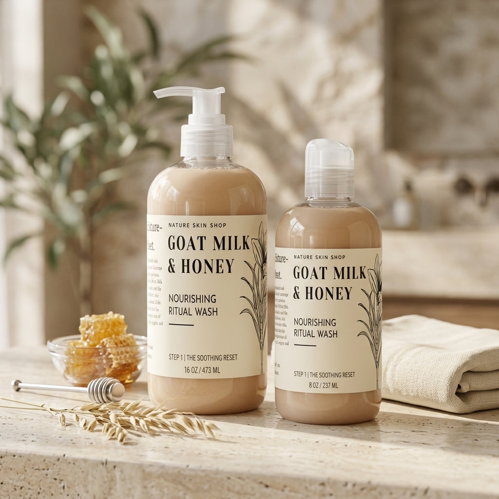 Two bottles of Goat Milk & Honey Nourishing Ritual Wash on a wooden surface with a natural background.