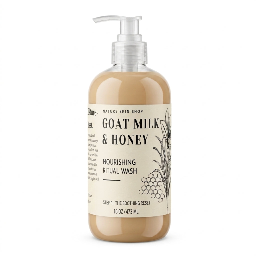 A 16 oz pump bottle of Nature Skin Shop Goat Milk & Honey Nourishing Ritual Wash, filled with a light tan liquid and featuring a cream-colored label with black text and botanical illustrations.