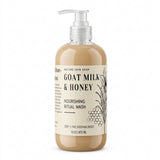 A 16 oz pump bottle of Nature Skin Shop Goat Milk & Honey Nourishing Ritual Wash, filled with a light tan liquid and featuring a cream-colored label with black text and botanical illustrations.