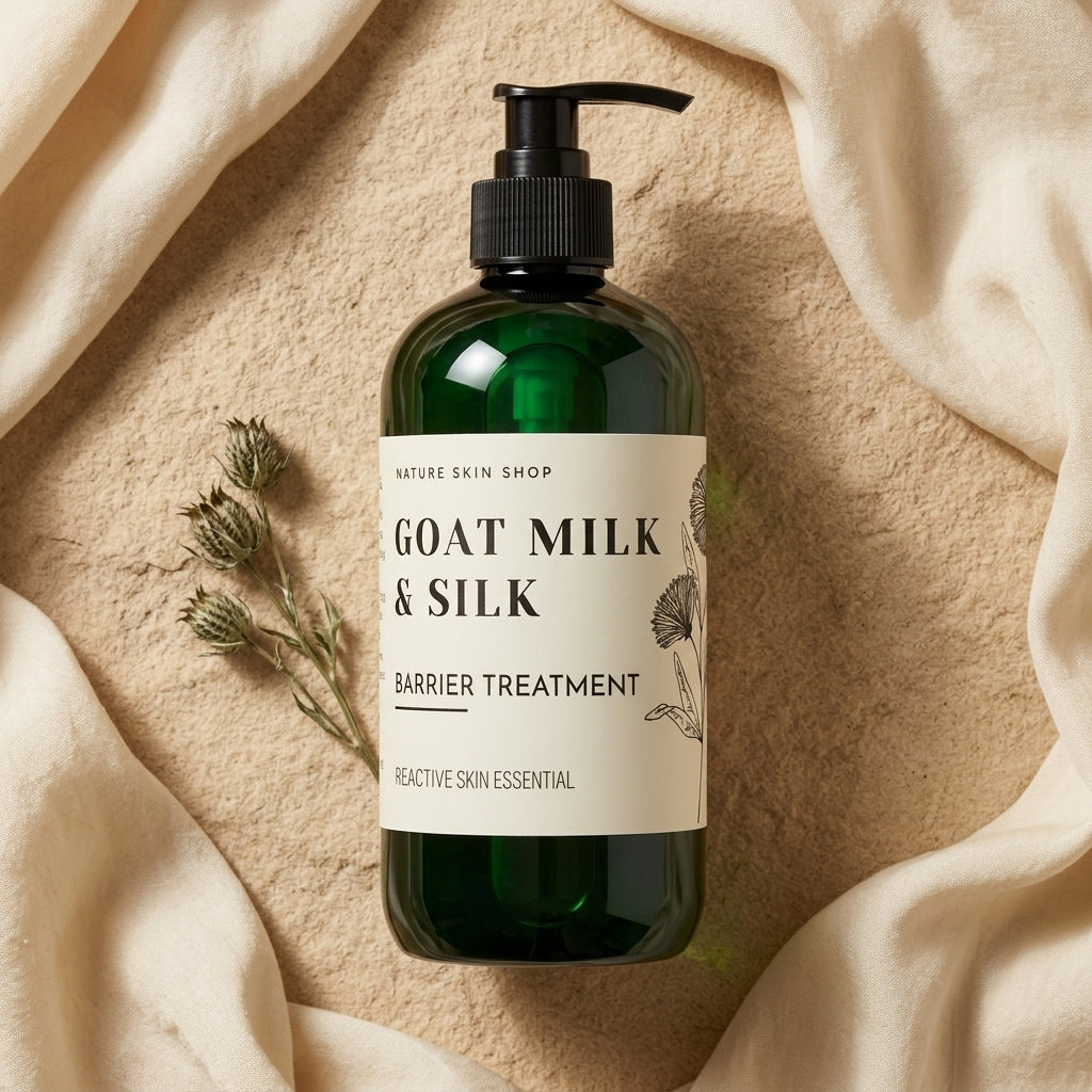 Bottle of Goat Milk & Silk Barrier Treatment on a beige fabric background
