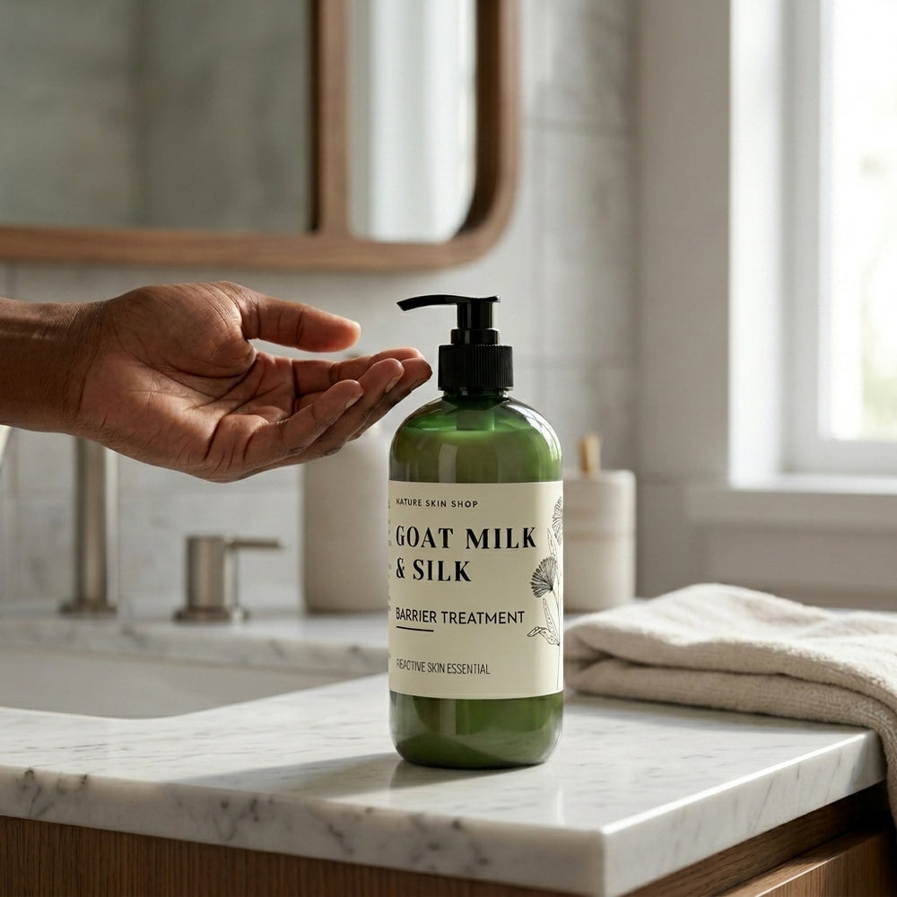 Bottle of Goat Milk & Silk barrier treatment on a bathroom counter with a hand reaching out.