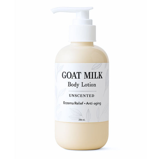 Goat milk body lotion bottle with pump on a white background
